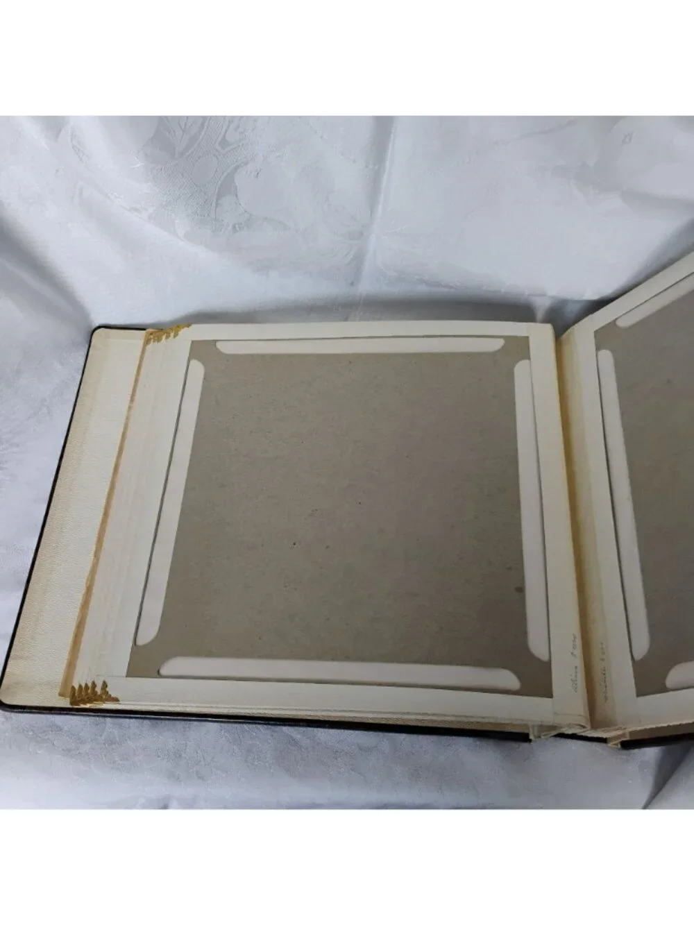Vintage MCM Our Family Cowhide Leather Photo Album Brass Corners Gold Trim